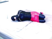 Selfbondage hogtie in red skirt and heels