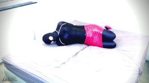 Selfbondage hogtie in red skirt and heels