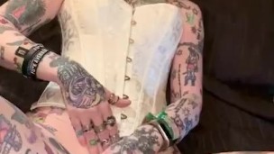 Hot AF GMilf in white corset fingers her wet pussy - pt1