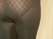 Sexy fat ass PAWG strips tights and rips thru fishnet panties, panty peel with juicy pussy 