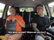 Fake Driving School Brunette Teacher with Natural Tits Screws her New Student 1/16