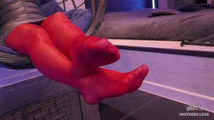 Toes Wiggling In Red Shiny Pantyhose