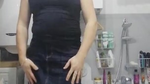 Patty crossdresser teasing jeans mini skirt