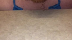 Secretly wearing my wifes Bikini turned me on so I jerked off a big Cum Shot and licked it all up