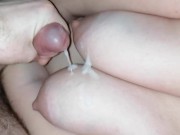 Wife in white lingerie gives handjob, cumshot on big tits 16/16