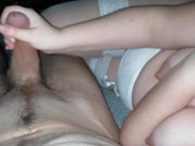 Wife in white lingerie gives handjob, cumshot on big tits 9/16