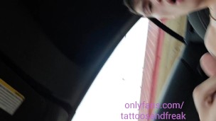 White boy beats his dick and shows off tattoos in his car