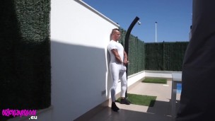 Public exhibitionist in white spandex