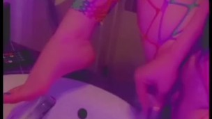 Milf Plays With Self On Bathroom Sink With New Dildo