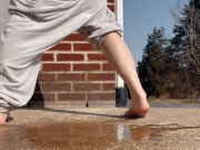 Bent over power pissing outside and farting loudly