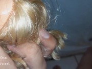 Spitting all over the body of a hot big lips pink skirt and bra blonde CFNM