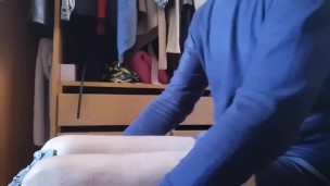 Jerking off sitting on a chair in a dressing room 