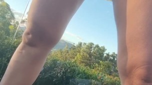 Risky outdoor pee on balcony 
