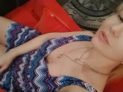 A sweet horny blonde is flashing her pussy and big tit in friends house 3/16