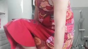 Patty crossdresser teasing red summer dress