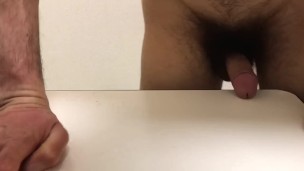 Hairy Asian humping desk and ejaculation