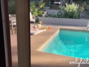 Lesbian Best Friends Oiled Up Dildo Sex Outside by the Pool 2/16
