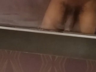 Stroking my cock in the walk-in shower  before leaving NJ
