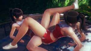 Cute Asian Cheerleaders Tribbing With Clothed
