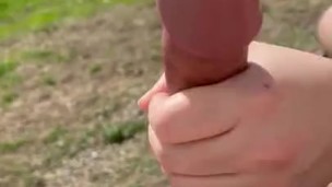 Girlfriend jerking me off in the backyard then I bust a huge load