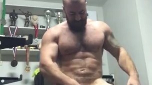 Hung Bodybuilder Jerks Cock in Home Gym OnlyfansBeefBeast Hot Muscleworship Thick Bull Dick Balls