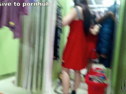 exhibitionist wife teasing voyeurs completely naked in fitting room with open curtain