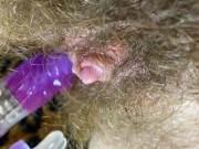Bunny vibrator test masturbation POV closeup erected big clit wet orgasm hairy pussy
