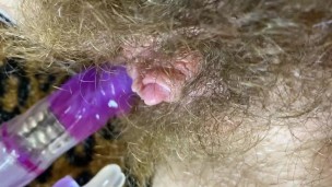 Bunny vibrator test masturbation POV closeup erected big clit wet orgasm hairy pussy