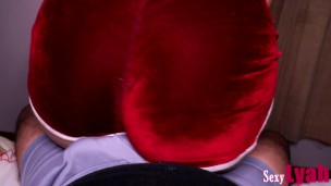 Hot Lap dance in red Velvet shorts ends with Cumshot onto Ass