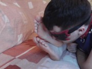 Slave kisses feet of his pregnant wife while she chatting with her lover 12/16