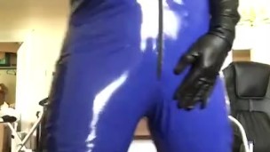 NEW blue glossy spandex suit tease
