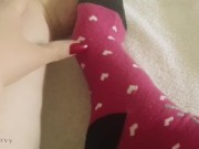 Legs, feet, and pussy play in a long pink sock! 