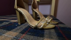 BIG Cumshot on Golden sandal heels