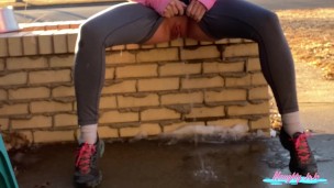 Public Piss Joanna Meadows- NaughtyJoJo spreads legs to piss on porch on busy street