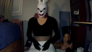 Bunny May Pt1! Female masked girl plays around with her white rabbit mask and her rubber body!