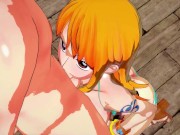 Nami giving a blowjob and getting mouth fucked before swallowing cum (One Piece Hentai) 10/16