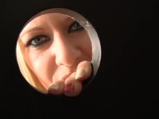 Riley Evans sucks a dick in the gloryhole bathroom