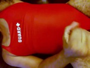 Faceless Solo Male in Red Lifeguard Swimsuit – Close-Up Cumshot with Slow-Mo Replay