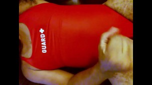 Faceless Solo Male in Red Lifeguard Swimsuit – Close-Up Cumshot with Slow-Mo Replay