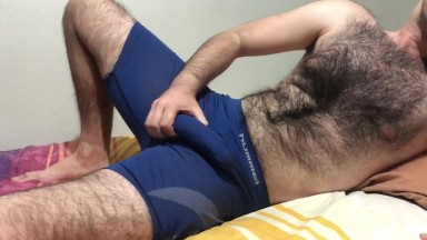 Hairy chest man bulge dick and ball massage slip boxer panties