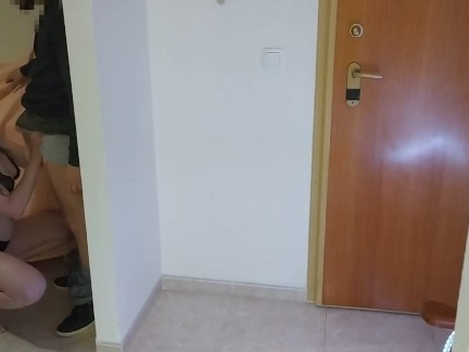 Wife fucks the delivery man while the husband watches. Cuckold fucks after