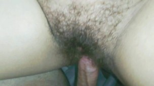 Creampie on my wife's hairy pussy in close-up