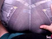 Lap Dance and Assjob in Fake Jeans Leggings ending with Cumshot onto Ass