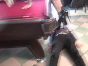 With their high heels and boots, the 3 cruel sadists stand on the slaves while they play billiards 16/16