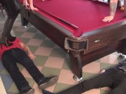 With their high heels and boots, the 3 cruel sadists stand on the slaves while they play billiards 3/16