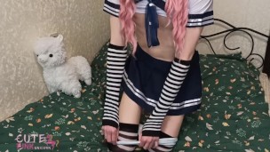 Cute schoolgirl cumshot without hands - Femboy, Sissy