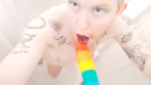 Rainbow Blowjob Horny Trans Queer Man Sucking Rainbow Dick POV Dildo Very Spitty