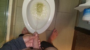 She aims his dick at the hotel toilet