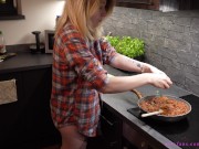 Teen gets many screaming orgasms and deep creampie while trying to get pregnant in kitchen 1/16