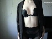 Girl in black pantyhose dances striptease and masturbates pussy with panties 3/16